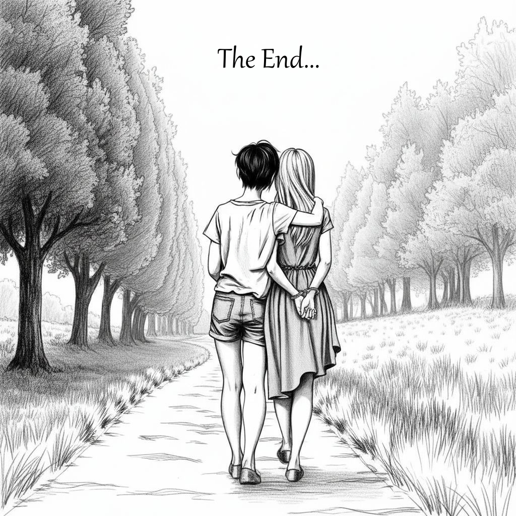 Sam and Em, walking down a path between two rows of trees, Em's wrists bound behind her and Sam's arm around her shoulders.